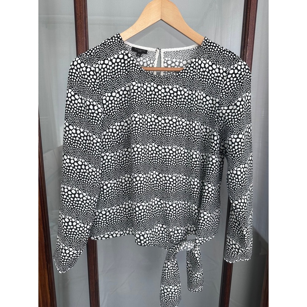 Talbots Blouse Medium Petite MP Black White‎ Long Sleeve Tie Waist Geometric